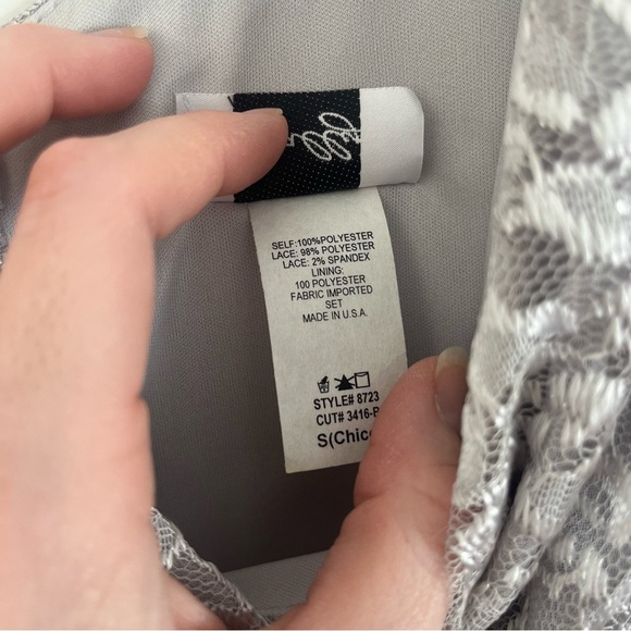 Silver Lace Chiffon Dress S Glam Formal Gown w/ Brooch Mother of the Bride Prom - Picture 12 of 16